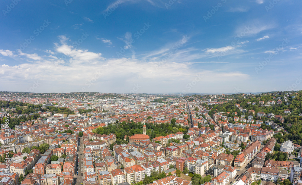 Aerial drone shot of Stuttgart suburb at summer noon