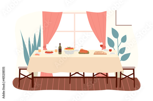 The dining room design flat vector illustration. Dining table with food and chairs nearby. Furniture model for the interior of a room for dinner eating and spending time. Arrangement of furniture at