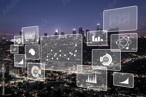Big data analytics illustration and city background