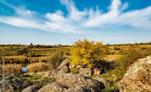 Beautiful yellowed vegetation and stones covered with lichen and moss hills in picturesque Ukraine