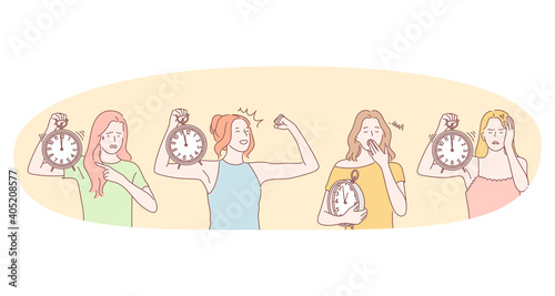 Waking up, sleepy feeling, energetic morning concept. Young woman cartoon character pointing at alarm clock, feeling powerful and tired after working day with clock in hands vector illustration 