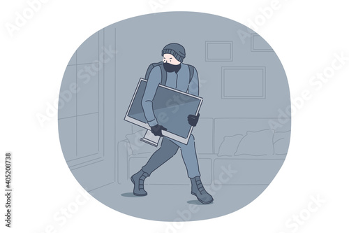 Robbery, thief and crime concept. Young man thief criminal cartoon character in mask and grey clothes carrying computer and looking back not to be noticed after crime committing vector illustration