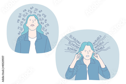Anger, loud sounds, noise concept. Angry irritated stressed girl with blue hair cartoon character listening to loud speech and covering ears with hands to ignore outer sounds vector illustration 
