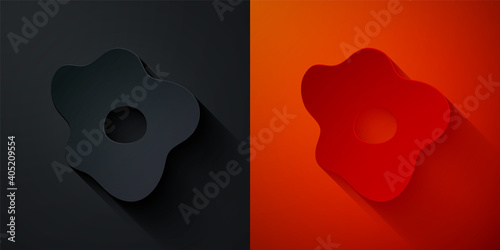 Paper cut Scrambled eggs icon isolated on black and red background. Home cooked food, fried egg, healthy breakfast, omelet icon. Paper art style. Vector.