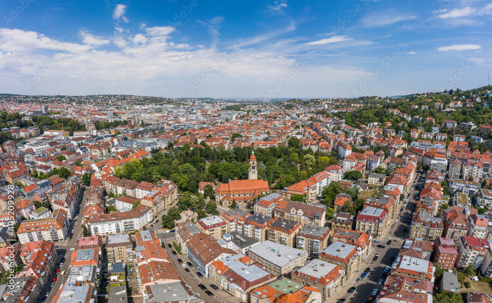 Aerial drone shot of Stuttgart suburb at summer noon