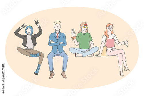 People diversity concept. Group of young businessman, punk woman, hippie and smiling lady cartoon characters sitting together and showing gestures vector illustration 