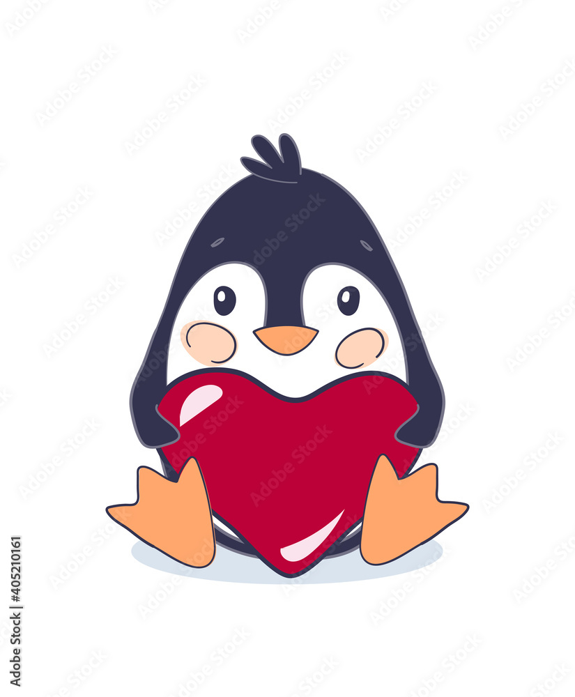Fototapeta premium The romantic penguin is sitting and holding a big red heart. Cute animal for Valentine s Day. Vector illustration for a baby shower on a white background, flat cartoon design