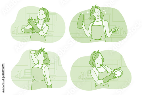 Washing dishes and housework concept. Young happy woman cartoon character in gloves washing dishes in kitchen with special liquid feeling positive and excited vector illustration. Maid, housewife