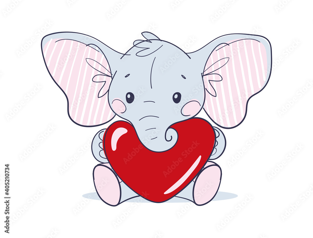 Cute sitting baby elephant with big ears holding a red heart. Flat cartoon  character, toy or doll. Valentine s Day. Vector illustration isolated on  white background Stock Vector | Adobe Stock
