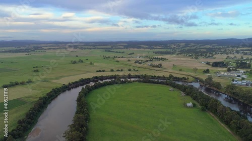 Flight over Snowy River bend towards countryside in Australia photo