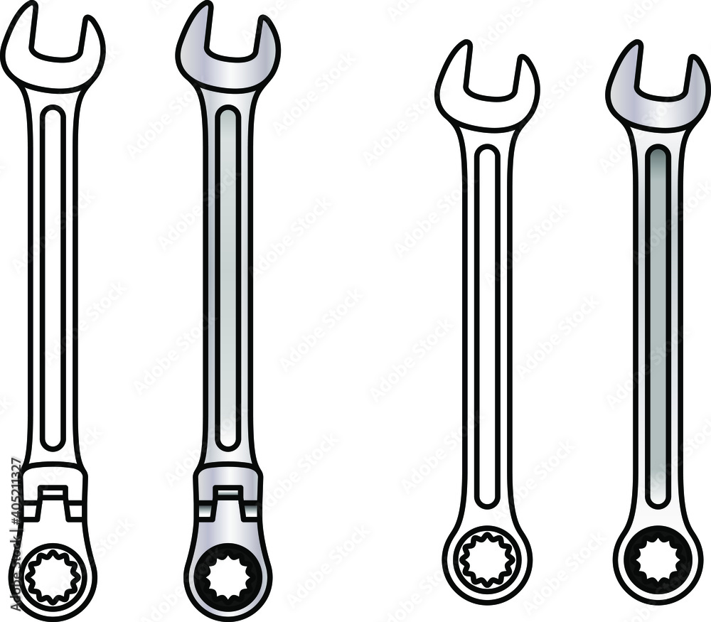 Line and coloured drawings.of two variations of a combined gear and open-end wrench. Line and coloured drawings.of two variations of a combined gear and open-end wrench.