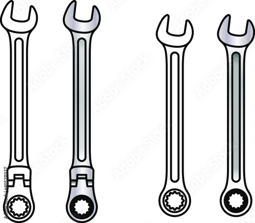 Line and coloured drawings.of two variations of a combined gear and open-end wrench.