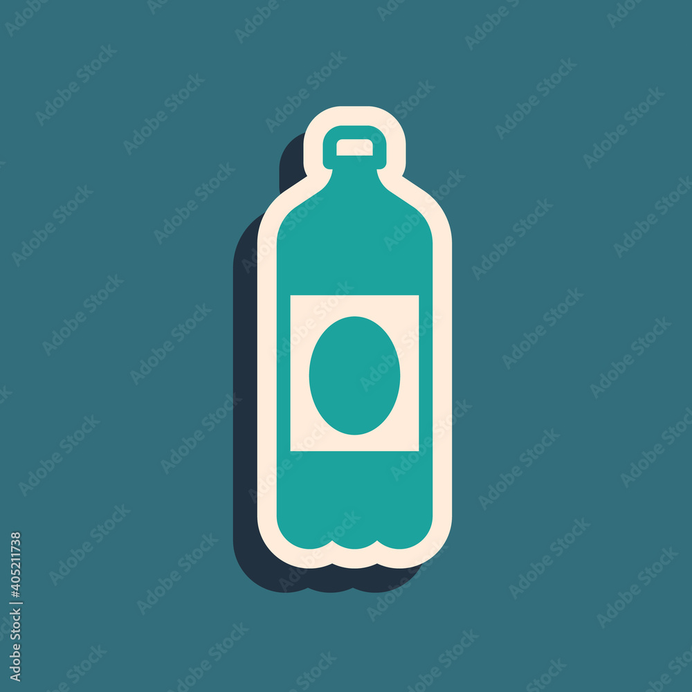 Green Plastic beer bottle icon isolated on green background. Long shadow style. Vector. Green Plastic beer bottle icon isolated on green background. Long shadow style. Vector.