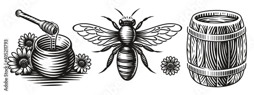 A set of black and white vector illustrations for a honey theme on white background