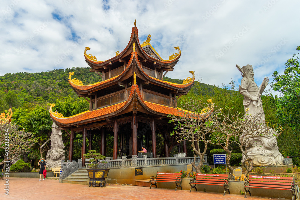Wide angle view of Ho Quoc pagoda (Vietnamese name is Truc Lam Thien Vien) with big statue of guanyin bodhisattva on mount, Phu Quoc island, Vietnam