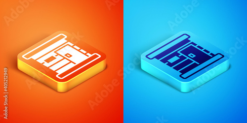 Isometric Sauna wooden bathhouse icon isolated on orange and blue background. Heat spa relaxation therapy bath and hot steam healthcare, relax therapy. Vector.