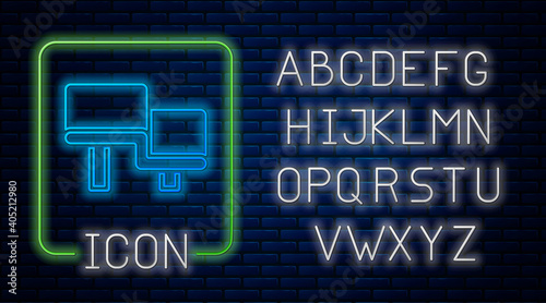 Glowing neon Sauna wood bench icon isolated on brick wall background. Neon light alphabet. Vector.