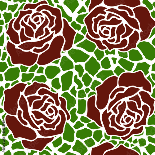 Pattern seamless of red flowers and green leaves. Design for the textile industry.