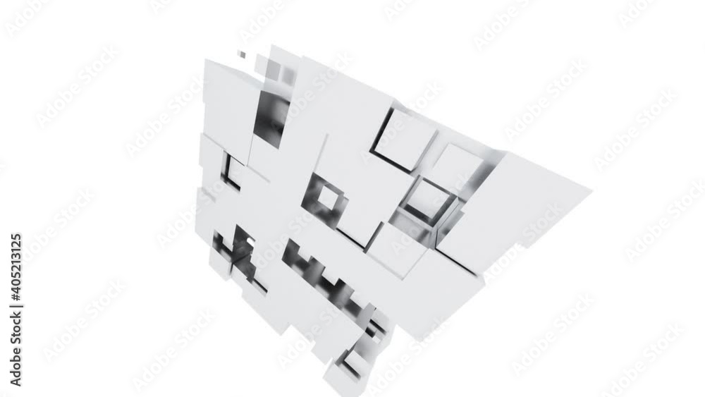 Geometric design from a group of rotating cubes. Seamless loop.