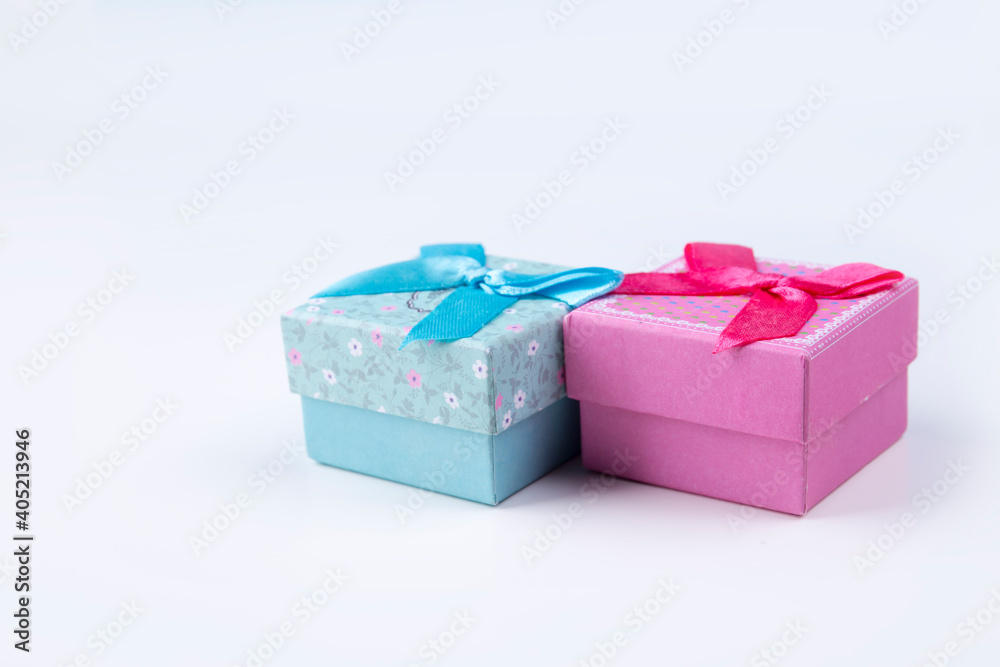 Obraz premium Small colorful gift boxes. Minimal composition on white background