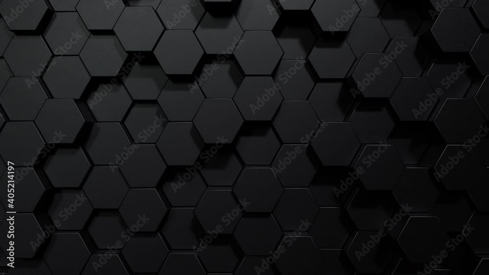 Black hexagon honeycomb shapes matte surface moving up down randomly. Abstract modern design background concept. 4K footage motion graphic video. Seamless looping