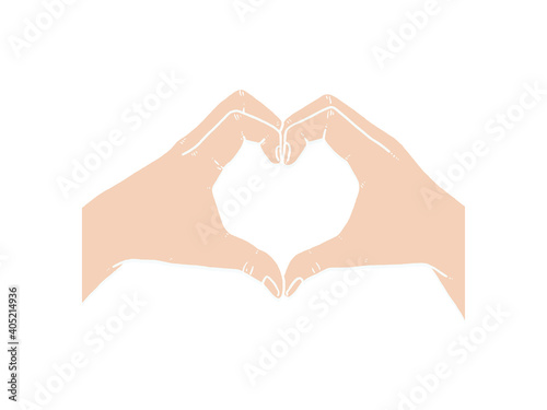 Vector hand drawn illustration for Valentines Day. Hands in heart shape. Sign of love isolated on white background.