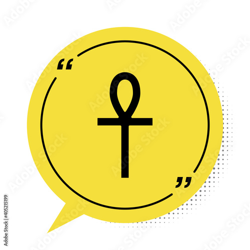 Black Cross ankh icon isolated on white background. Yellow speech bubble symbol. Vector.