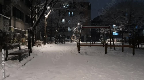 A quiet evening with falling snow and a view of the park