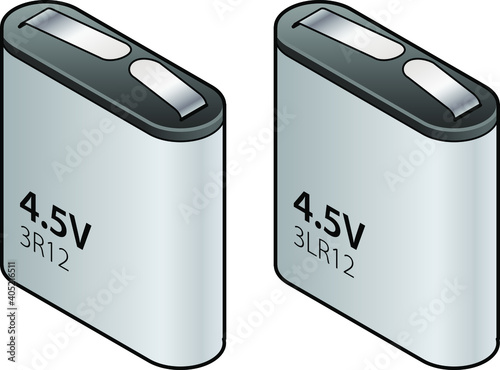 Detailed 4.5V dry cell batteries labelled with their common names and IEC codes.