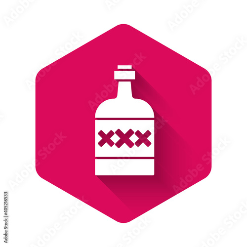 White Tequila bottle icon isolated with long shadow background. Mexican alcohol drink. Pink hexagon button. Vector.