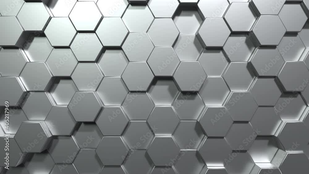 Silver hexagon honeycomb moving up and down randomly background. Grey abstract art and geometric concept. 4K footage motion graphic design video illustration rendering. Seamless looping