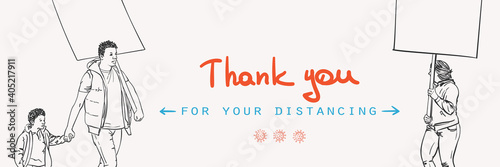 Thank you for your distancing Covid-19 banner. Black dad with son and white woman on peaceful protest holding sign boards, Stop spread coronavirus keep social distance. Hand drawn vector illustration