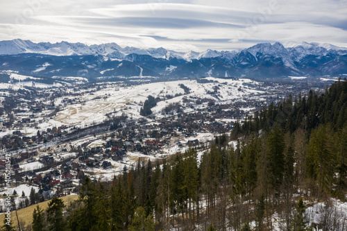 Polish mountains Tatry in Zakopane. Zakopane city in winter time in Poland. Tatry mountains aerial drone view