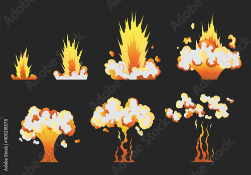 Animation for game of the explosion effect in separate frames. Cartoon animation for game. Exploding effect frames. Hand drawn vector illustration