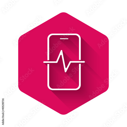 White Phone repair service icon isolated with long shadow background. Adjusting, service, setting, maintenance, repair, fixing. Pink hexagon button. Vector.