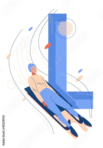 Woman on sled riding down. Capital letter L for luge winter sport. Smiling female character isolated on white