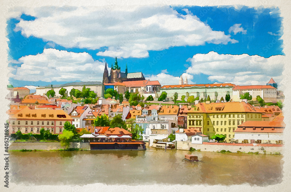 Obraz premium Watercolor drawing of View of Prague old town, historical center with Prague Castle, St. Vitus Cathedral in Hradcany district, Vltava river