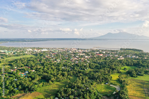 Sorsogon City, Luzon, Philippines. Asian town by the sea, top view.