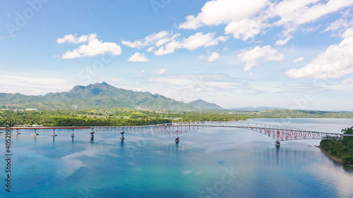 San Juanico Bridge: The Longest Bridge in the Philippines. Road bridge between the islands, top view. Modern bridge over the sea strait. photo