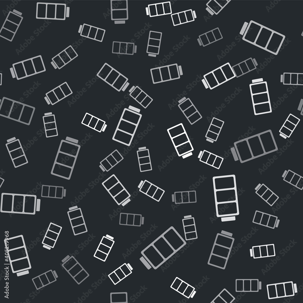 Grey Battery charge level indicator icon isolated seamless pattern on black background. Vector.