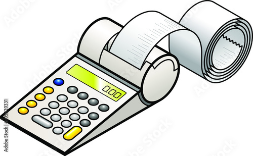 A printing calculator with a long roll of print-out.