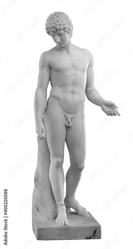 Ancient white marble full length sculpture of naked young man. Antique classic statue of youngster isolated on white. Stone figure of teenager Ancient white marble full length sculpture of naked young man. Antique classic statue of youngster isolated on white. Stone figure of teenager
