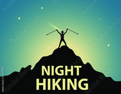silhouette of a person on the top of the mountain, night hiking, vector illustration 