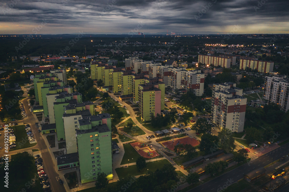 Obraz premium Dark sky, with black scary clouds above the city. Dabrowa gornicza, silesia, Poland, aerial drone view