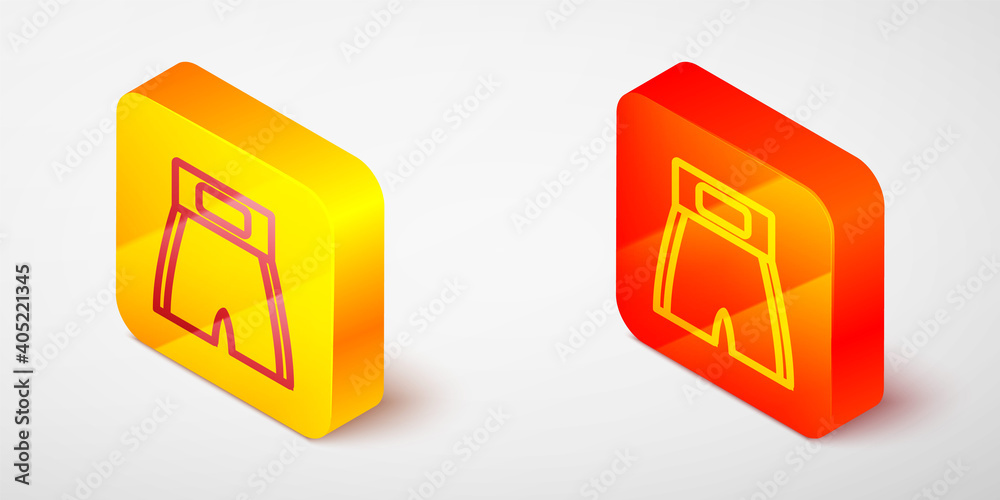 Isometric line Boxing short icon isolated on grey background. Yellow and orange square button. Vector. Isometric line Boxing short icon isolated on grey background. Yellow and orange square button. Vector.
