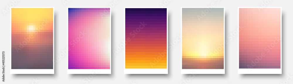 Set of multicolored blurred pixelated backgrounds.