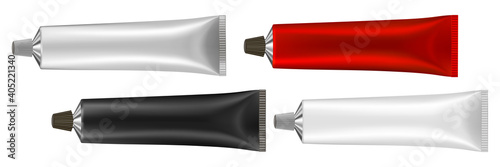 Set of 4 multicolored tubes. Vector illustration of cream or toothpaste tube. Ointment. Salve. Glue tube. Oil paint. Black, red, silver and white metal tubes.	