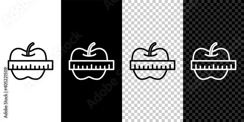 Set line Apple and measuring tape icon isolated on black and white transparent background. Excess weight. Healthy diet menu. Fitness diet apple. Vector.