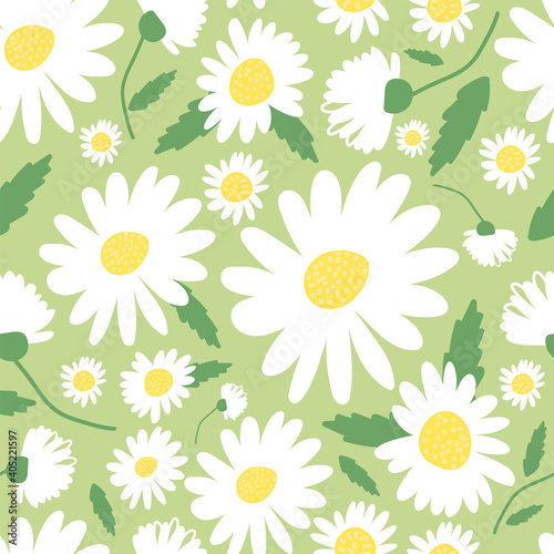 Seamless pattern with chamomile flowers on green background beautiful floral ornament vector illustration