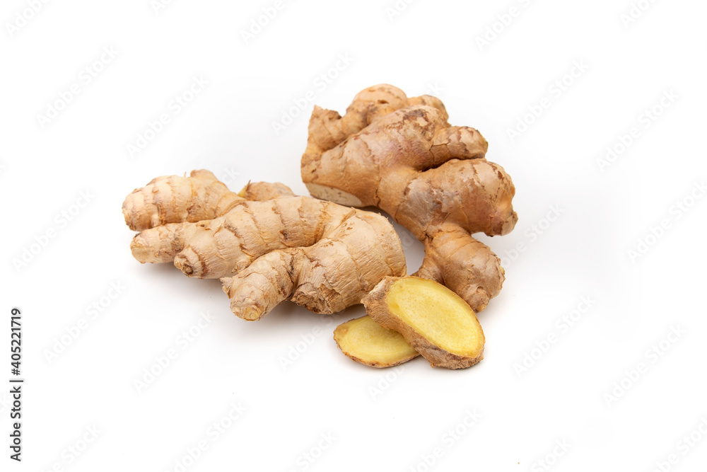 Pieces of ginger and lemon. Natural medicine, anti-influenza and antiviral ingredients on a white background.